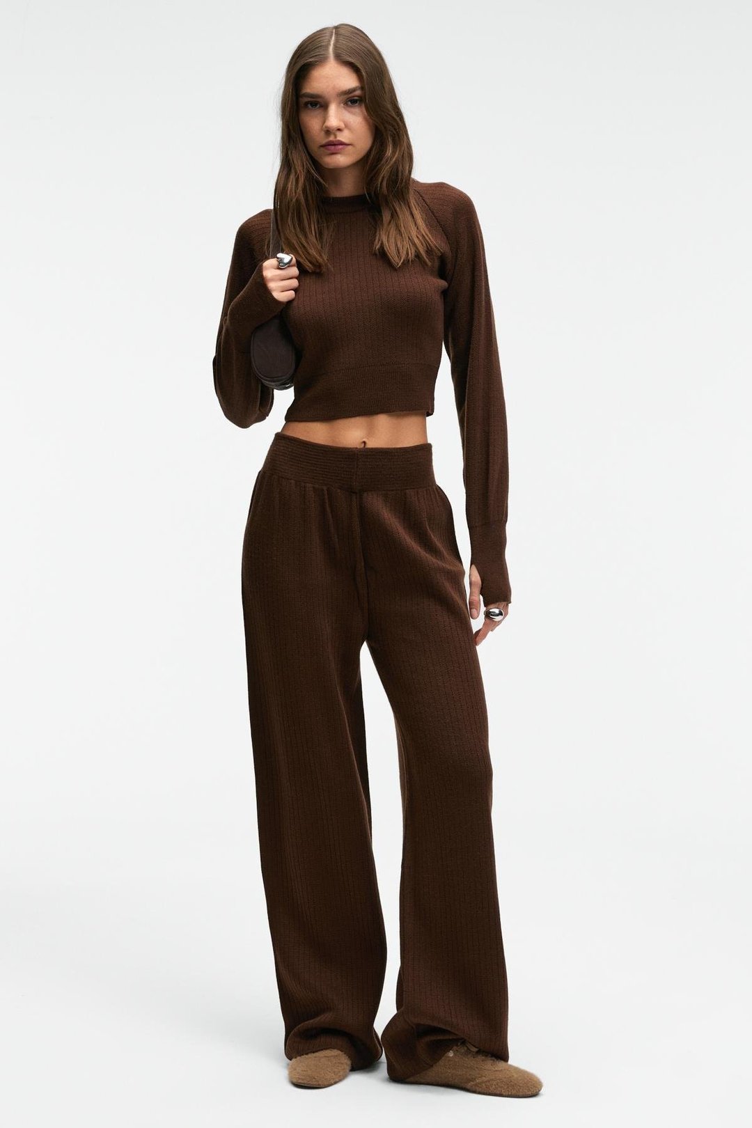 MARIPOSA Kadın Yuvarlak Yaka Çizgi Desenli Crop Geniş Paça Triko Kahverengi Alt-Üst Takım