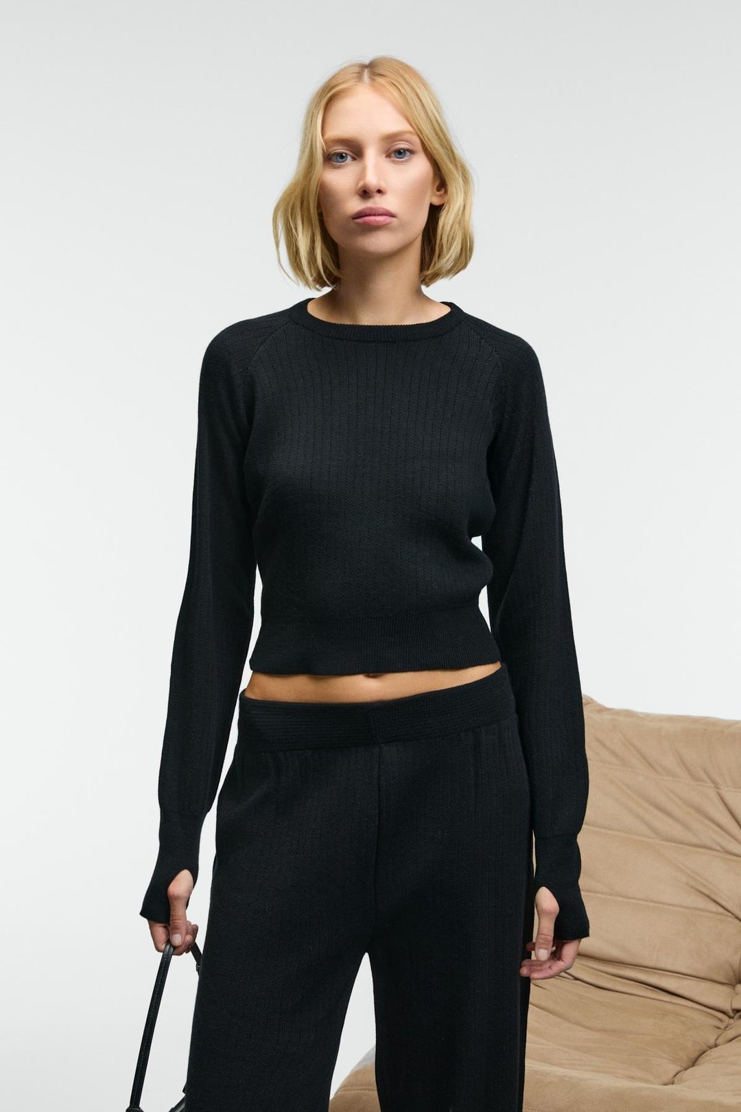 MARIPOSA Kadın Yuvarlak Yaka Çizgi Desenli Crop Geniş Paça Triko Siyah Alt-Üst Takım