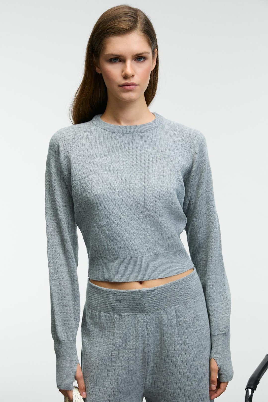 MARIPOSA Kadın Yuvarlak Yaka Çizgi Desenli Crop Geniş Paça Triko Grimelanj Alt-Üst Takım