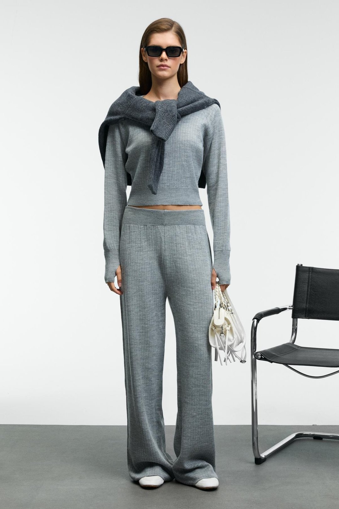 MARIPOSA Kadın Yuvarlak Yaka Çizgi Desenli Crop Geniş Paça Triko Grimelanj Alt-Üst Takım