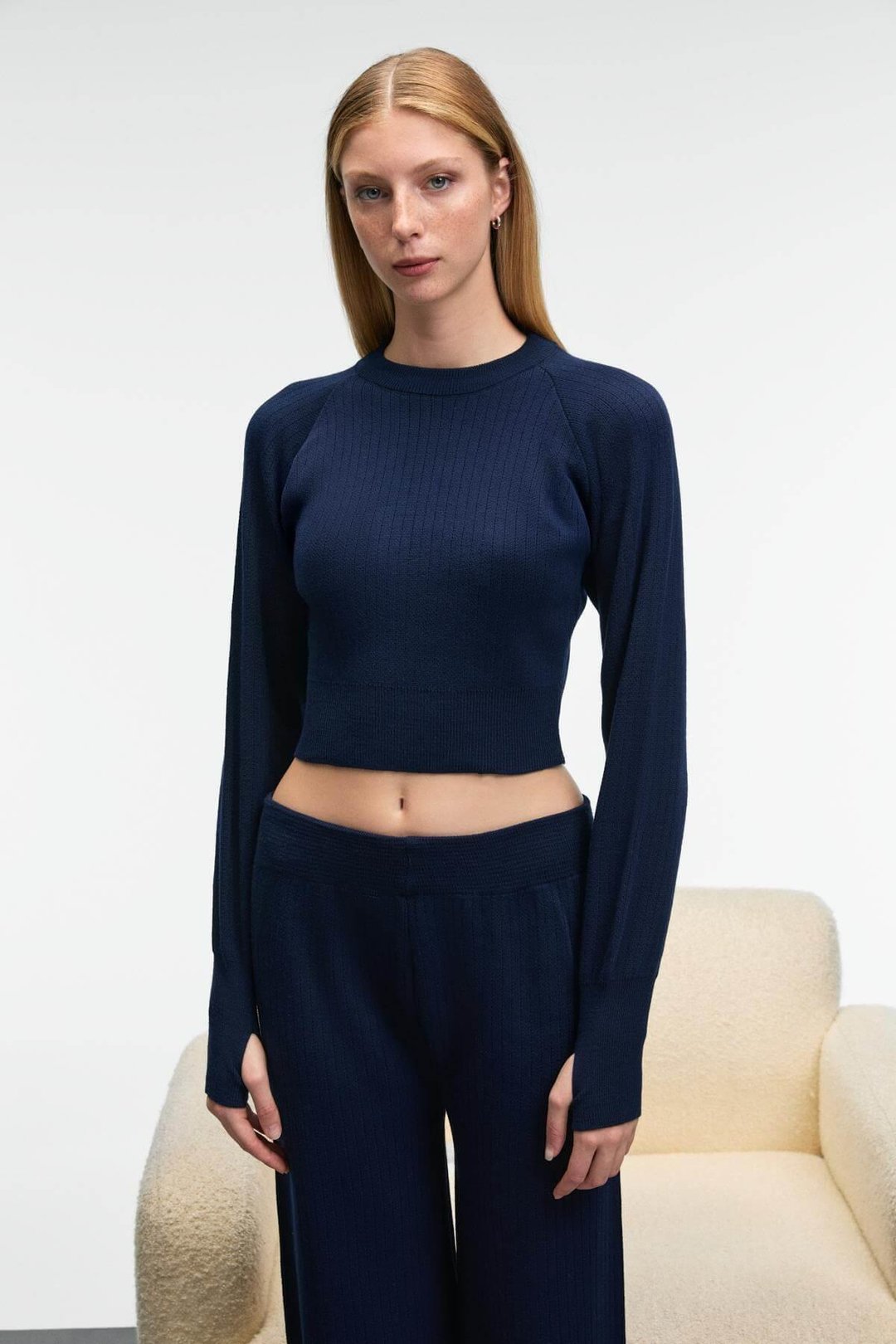 MARIPOSA Kadın Yuvarlak Yaka Çizgi Desenli Crop Geniş Paça Triko Lacivert Alt-Üst Takım