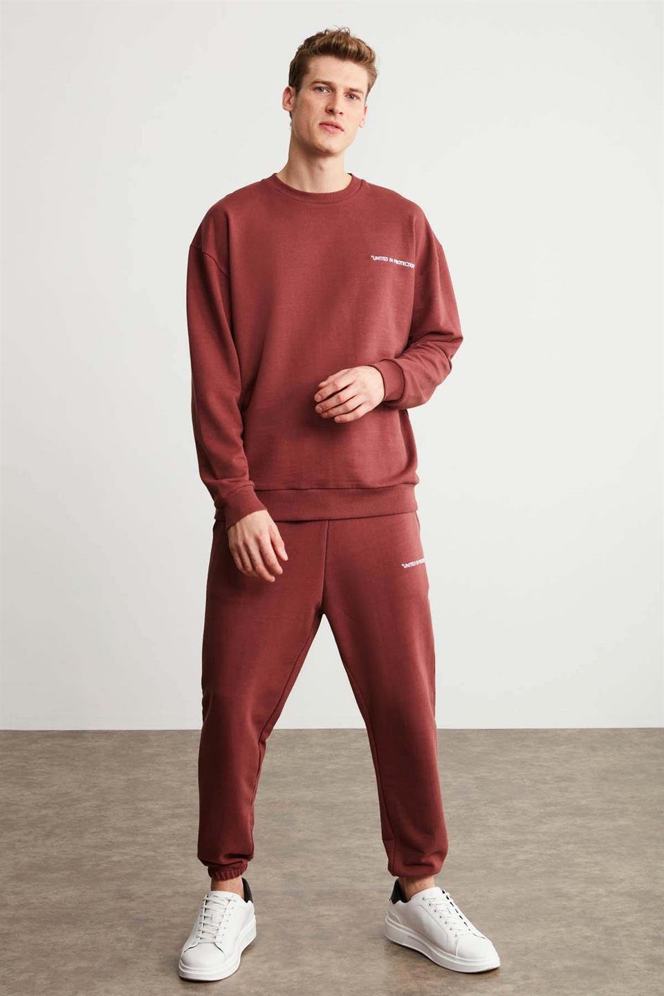 MARSHALL Erkek Pamuklu İçi Polarlı Nakışlı Relaxed Bordo Eşofman Takımı
