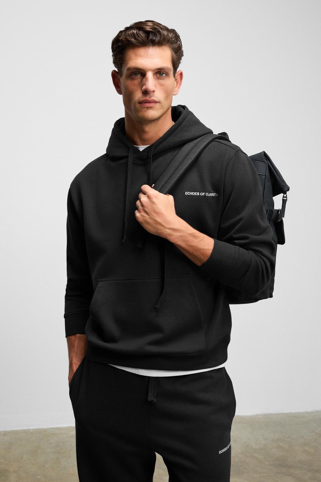 MARSHALLHOODIE Erkek Pamuklu İçi Polarlı Nakışlı Relaxed Siyah Eşofman Takımı