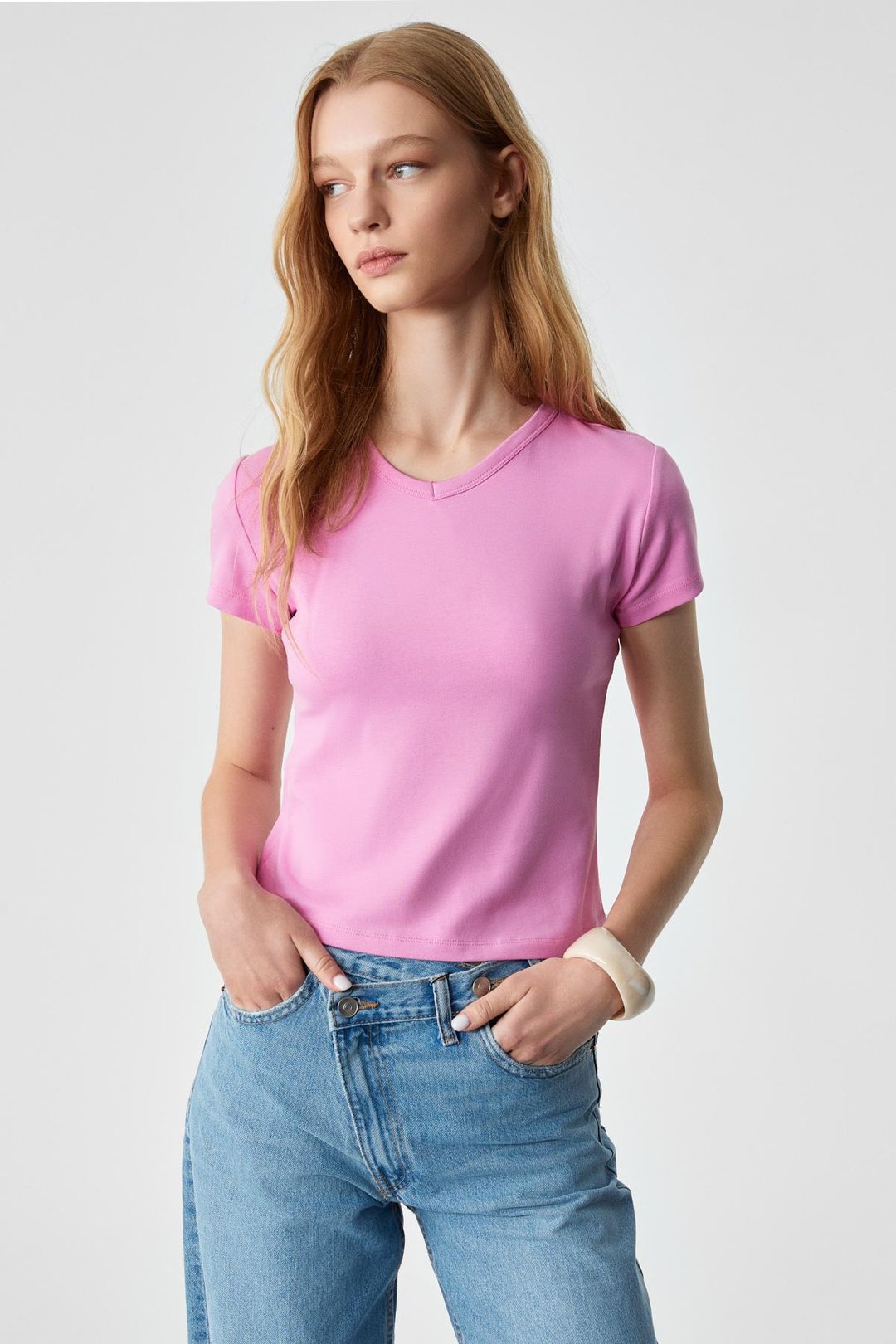 MASROUTI Kadın Slim Kısa V Yaka Kısa Kol Pembe T-Shirt