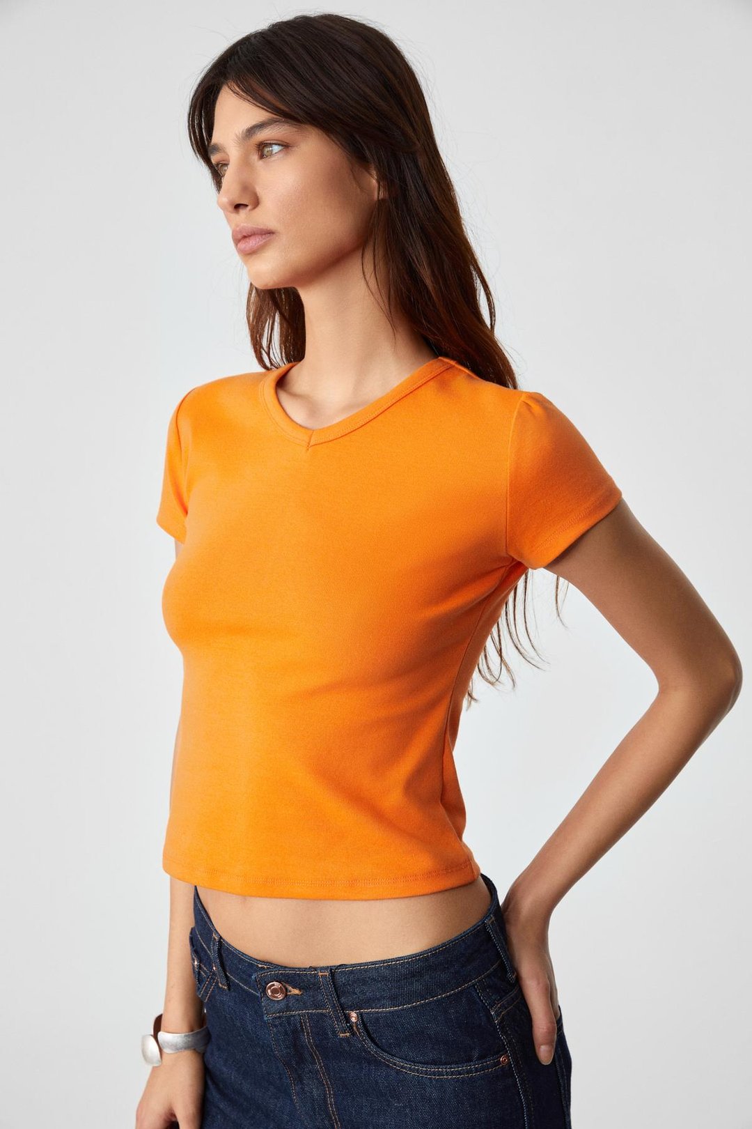 MASROUTI Kadın Slim Kısa V Yaka Kısa Kol Turuncu T-Shirt