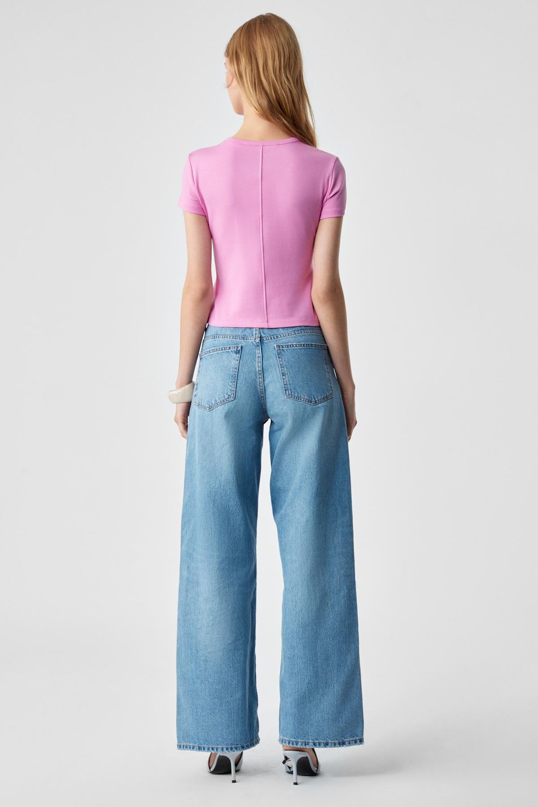 MASROUTI Kadın Slim Kısa V Yaka Kısa Kol Pembe T-Shirt