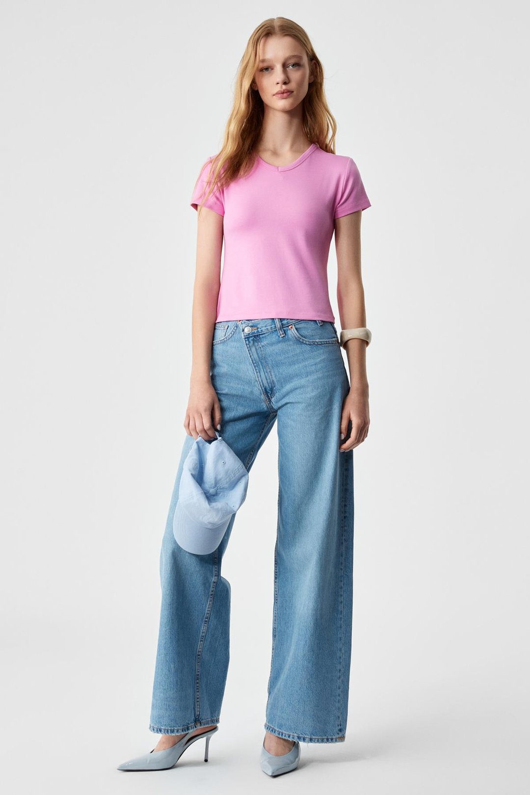 MASROUTI Kadın Slim Kısa V Yaka Kısa Kol Pembe T-Shirt