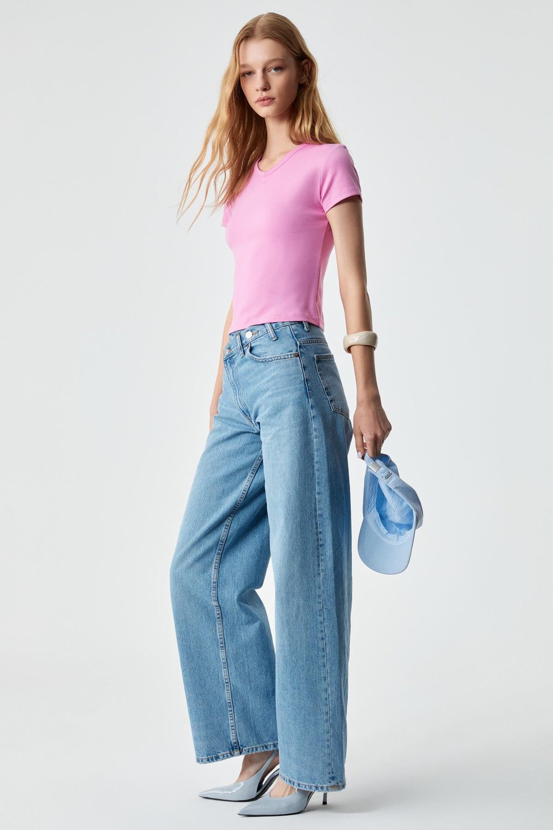 MASROUTI Kadın Slim Kısa V Yaka Kısa Kol Pembe T-Shirt