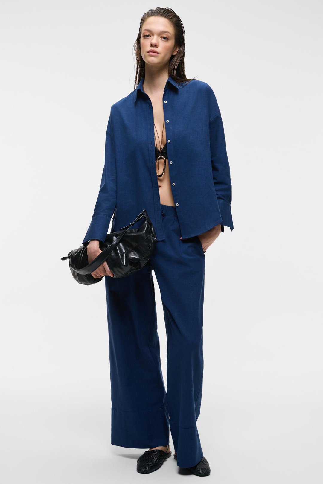 MELANCHOLI Kadın %100 Pamuk Keten Görünümlü Yüksek Bel Lastikli Bel Lacivert Pantolon