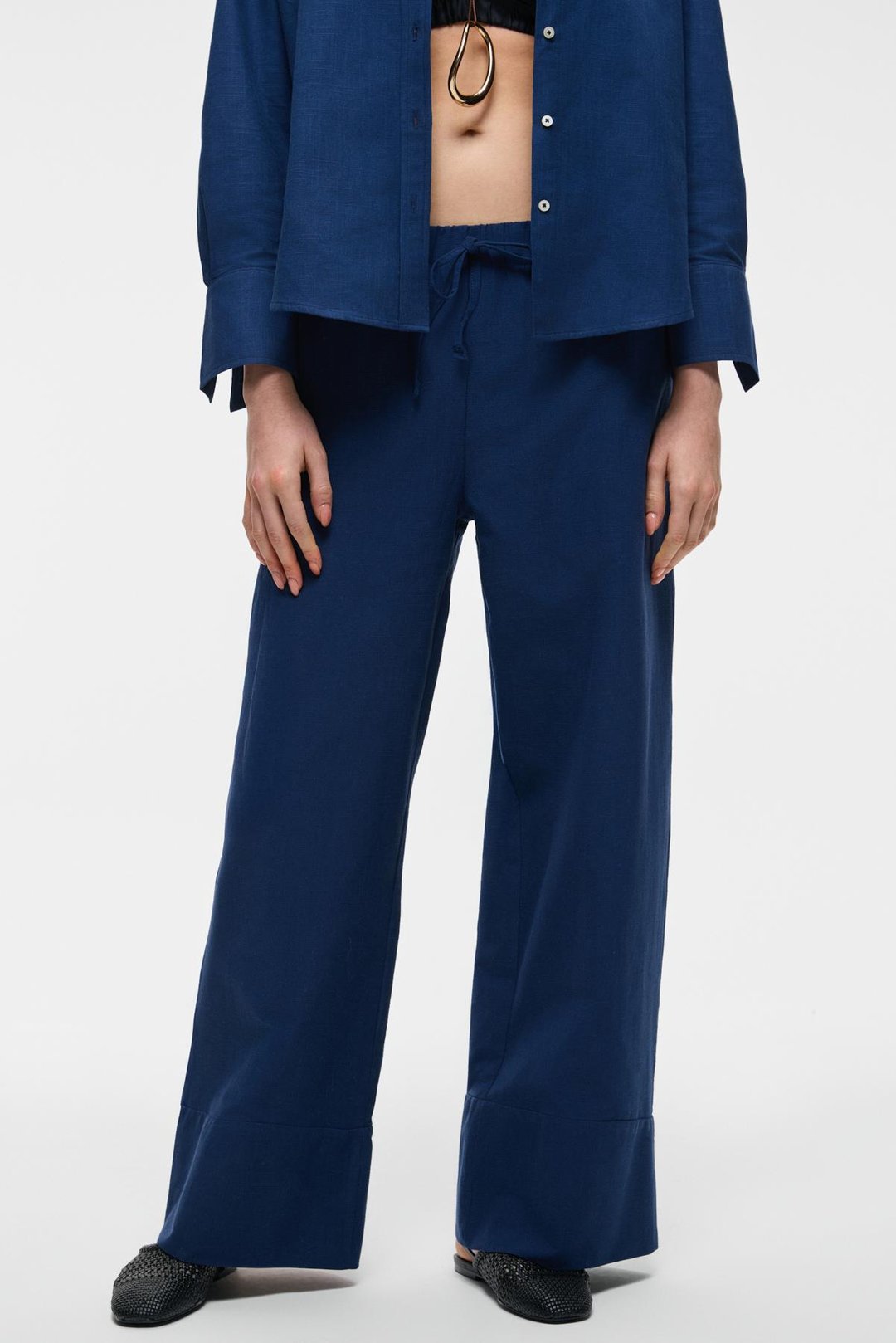 MELANCHOLI Kadın %100 Pamuk Keten Görünümlü Yüksek Bel Lastikli Bel Lacivert Pantolon