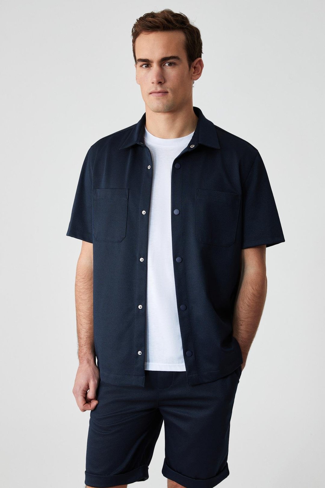 MELOS Erkek Kısa Kollu Cepli Çıtçıtlı Relaxed Fit Lacivert Gömlek