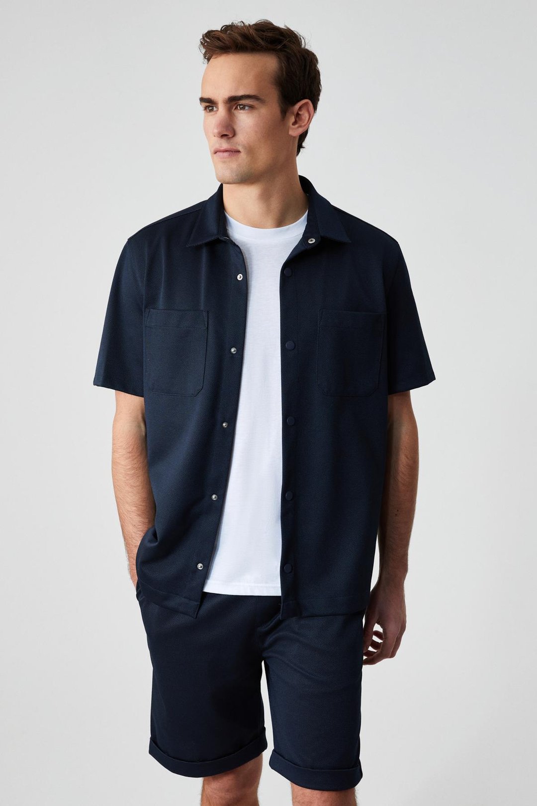 MELOS Erkek Kısa Kollu Cepli Çıtçıtlı Relaxed Fit Lacivert Gömlek
