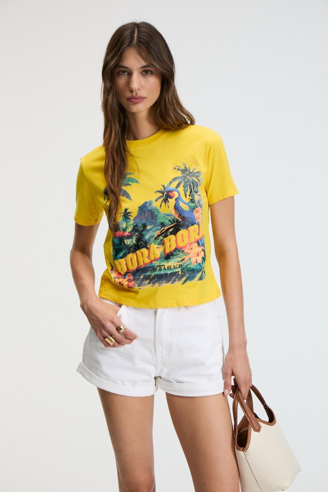 MELVESSA Kadın %100 Pamuk Baskı Detaylı Regular Fit Bisiklet Yakalı Sarı T-Shirt