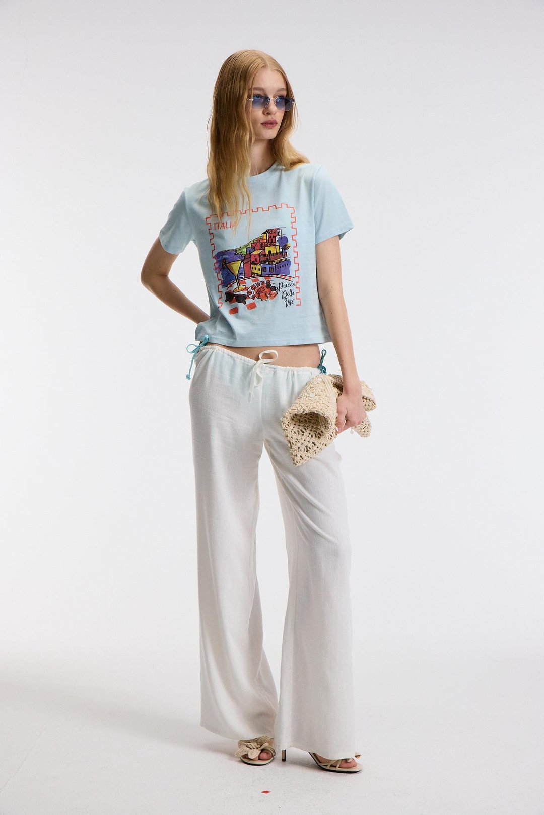 MELVESSA Kadın %100 Pamuk Baskı Detaylı Regular Fit Bisiklet Yakalı Mavi T-Shirt