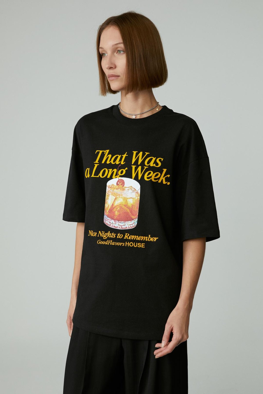 MERCEDITAS Kadın Regular Baskılı Yuvarlak Yaka Siyah T-Shirt