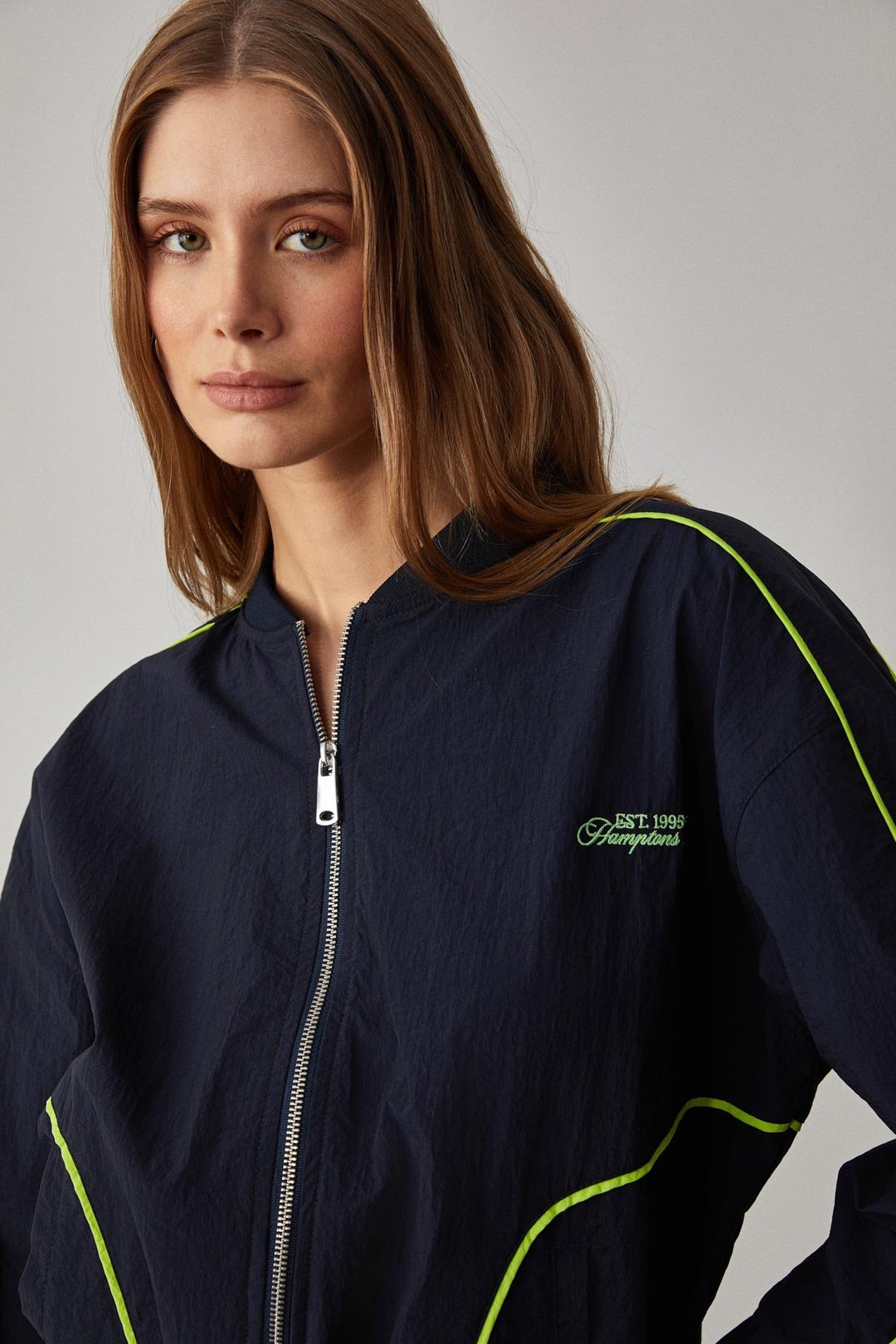 MERLYAN Kadın Bomber Yaka Oversize Fermuarlı Lacivert Ceket