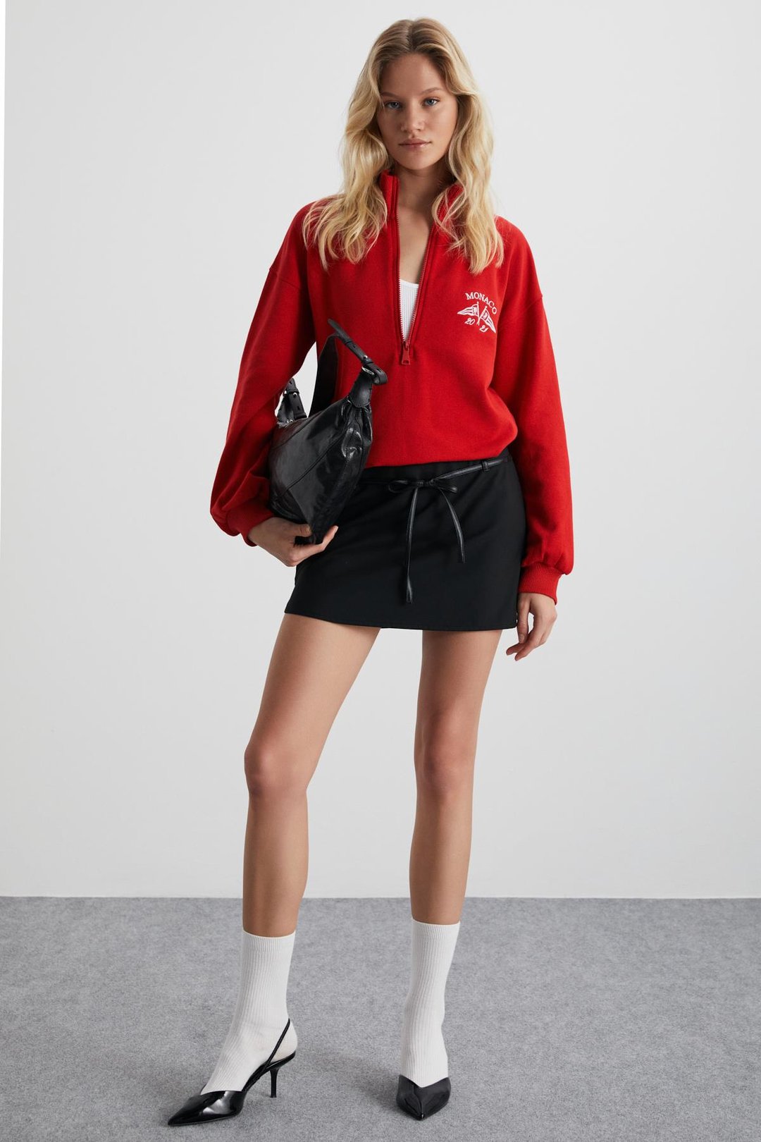 MEYBELINA Kadın %100 Organik Pamuk Dik Yaka Yazılı Kırmızı Sweatshirt