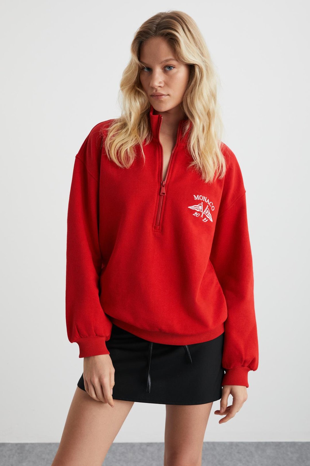 MEYBELINA Kadın %100 Organik Pamuk Dik Yaka Yazılı Kırmızı Sweatshirt