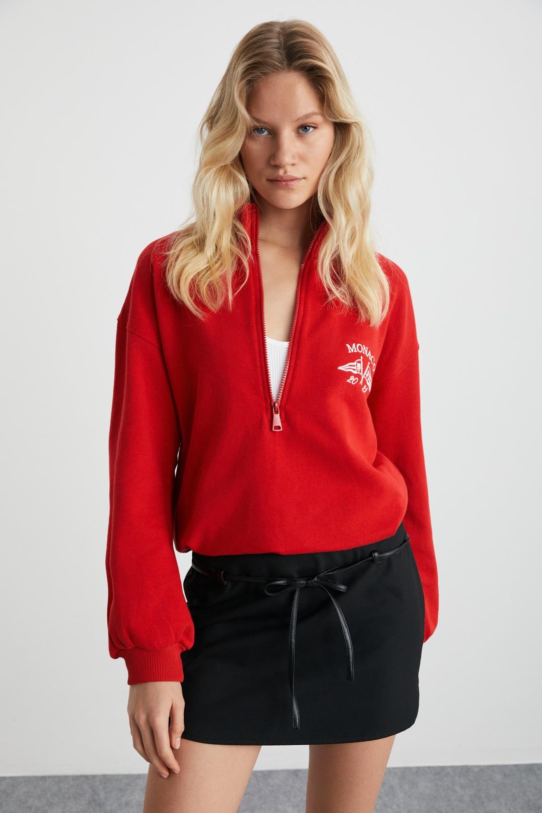 MEYBELINA Kadın %100 Organik Pamuk Dik Yaka Yazılı Kırmızı Sweatshirt