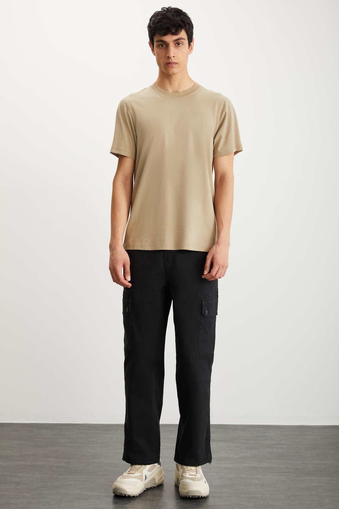 MICHEL Erkek Slim Fit Dar Kesim %100 Organik Pamuklu Yana Kayan Dikişli  Basic Örme Vizon T-Shirt