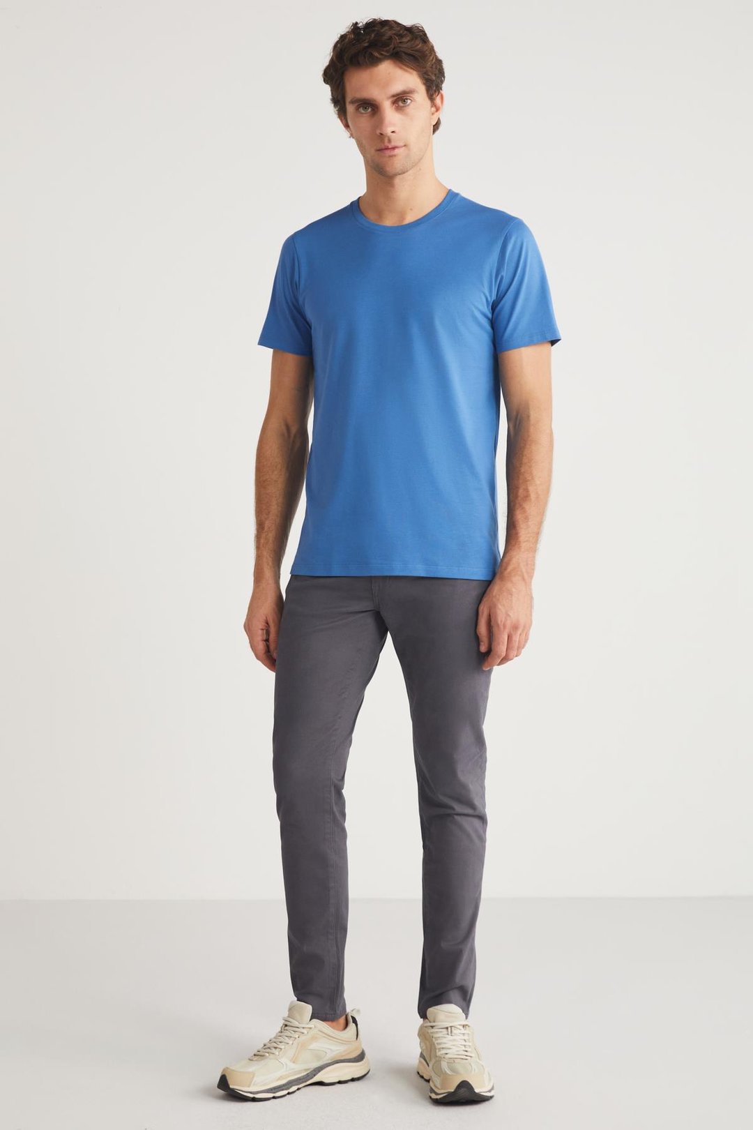 MICHEL Erkek Slim Fit Dar Kesim %100 Organik Pamuklu Yana Kayan Dikişli  Basic Örme Mavi T-Shirt