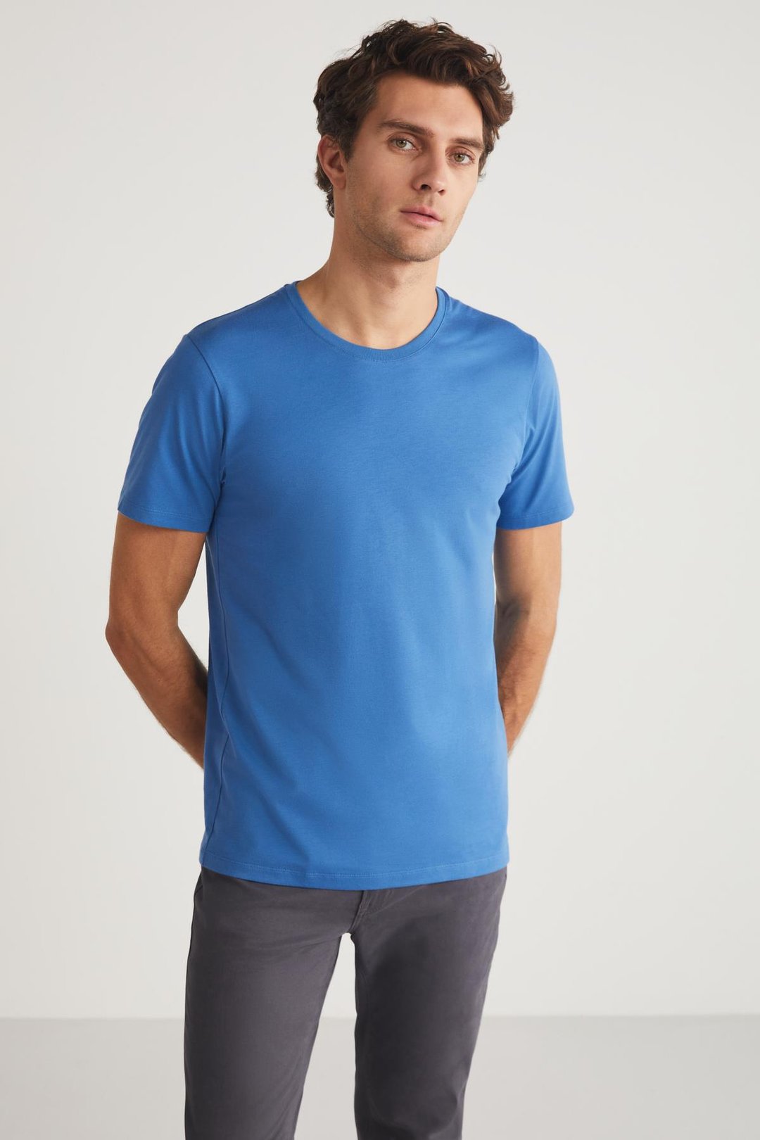 MICHEL Erkek Slim Fit Dar Kesim %100 Organik Pamuklu Yana Kayan Dikişli  Basic Örme Mavi T-Shirt