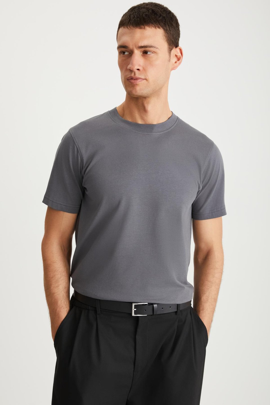 MICHEL Erkek Slim Fit Dar Kesim %100 Organik Pamuklu Yana Kayan Dikişli  Basic Örme Koyu Gri T-Shirt