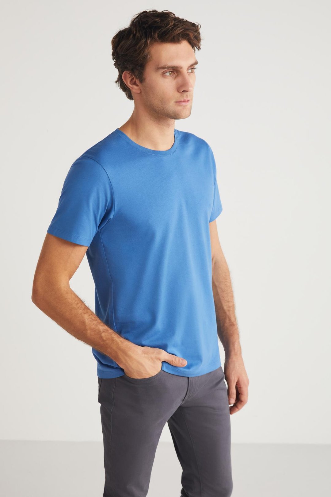 MICHEL Erkek Slim Fit Dar Kesim %100 Organik Pamuklu Yana Kayan Dikişli  Basic Örme Mavi T-Shirt