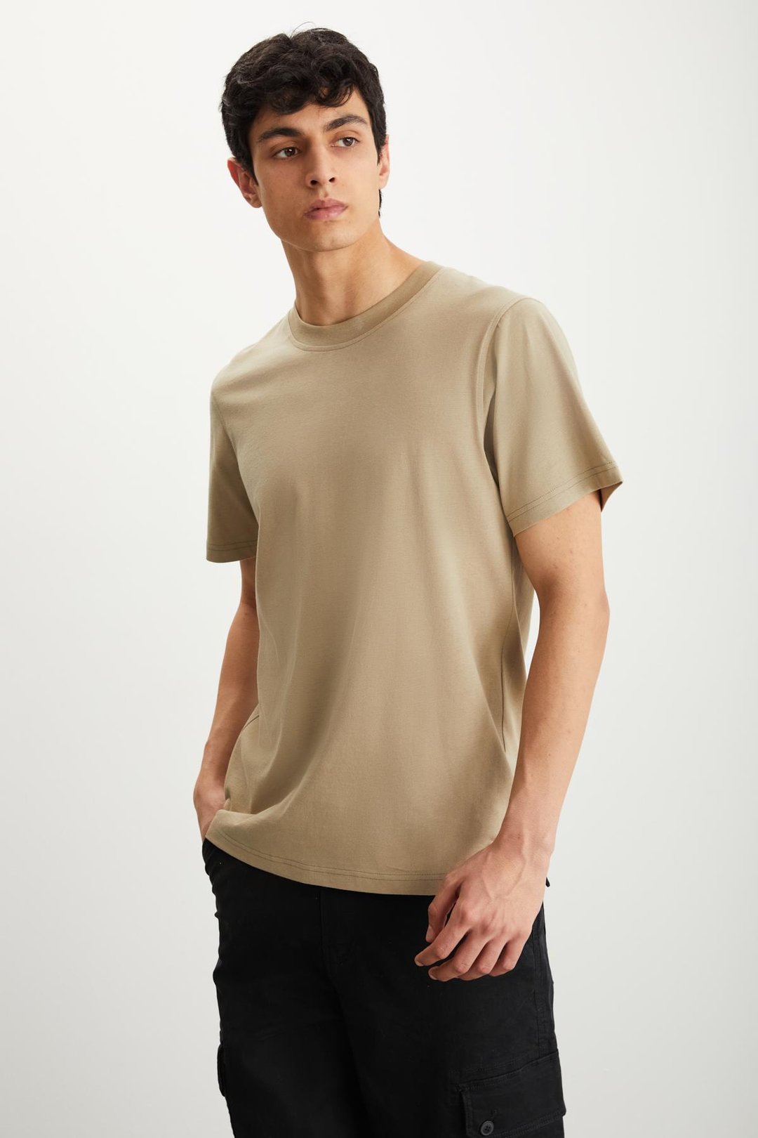 MICHEL Erkek Slim Fit Dar Kesim %100 Organik Pamuklu Yana Kayan Dikişli  Basic Örme Vizon T-Shirt