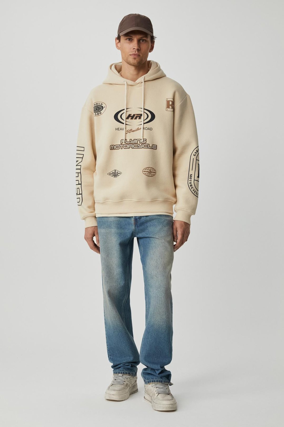 MILES Erkek %75 Pamuk %25 Pamuk Kapüşonlu Yumuşacık Oversize Bej Sweatshirt