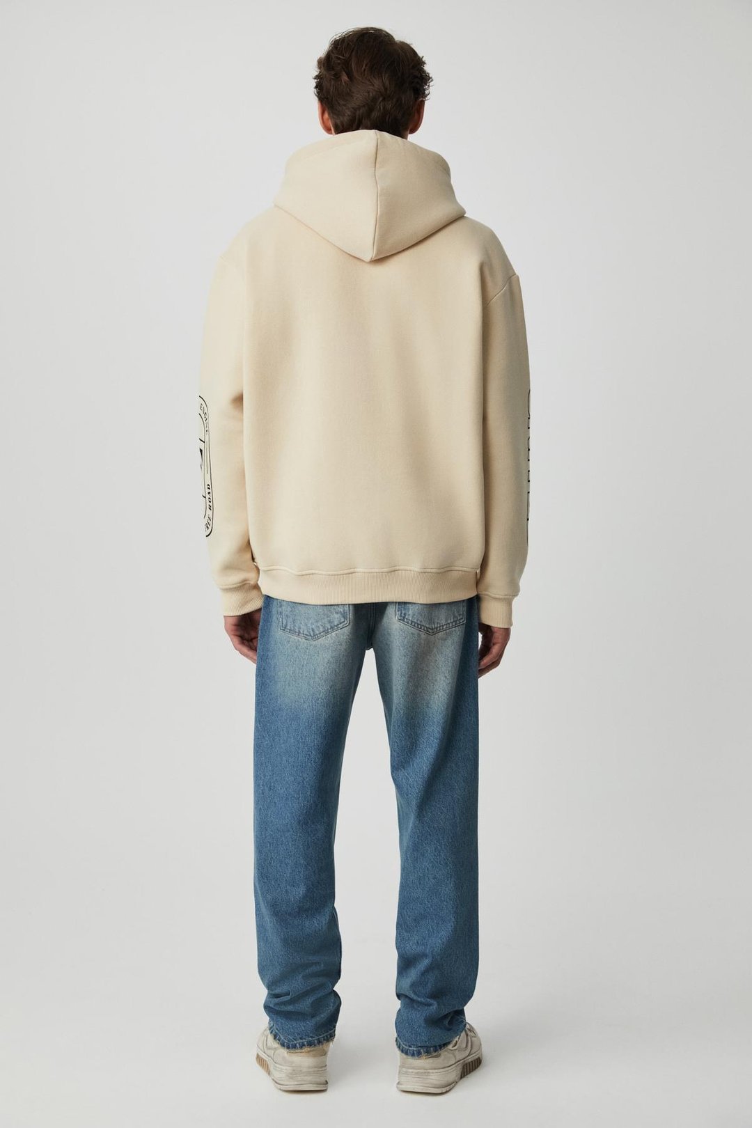 MILES Erkek %75 Pamuk %25 Pamuk Kapüşonlu Yumuşacık Oversize Bej Sweatshirt