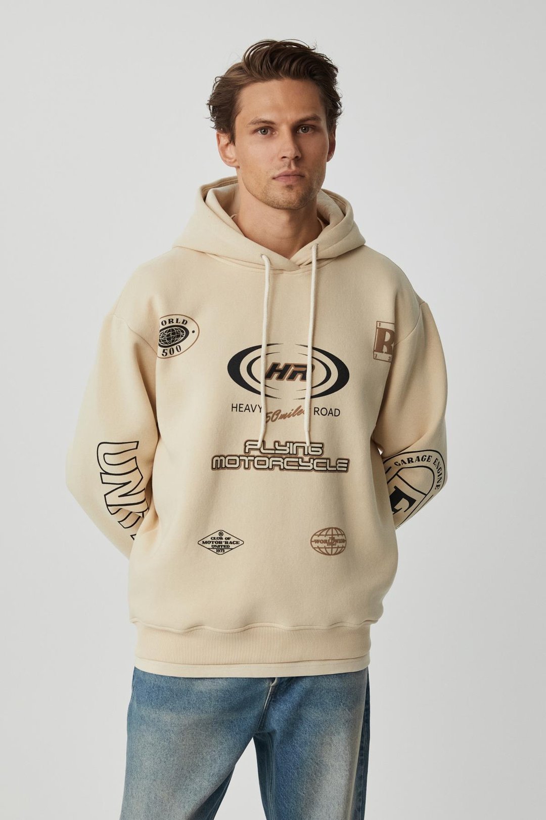 MILES Erkek %75 Pamuk %25 Pamuk Kapüşonlu Yumuşacık Oversize Bej Sweatshirt