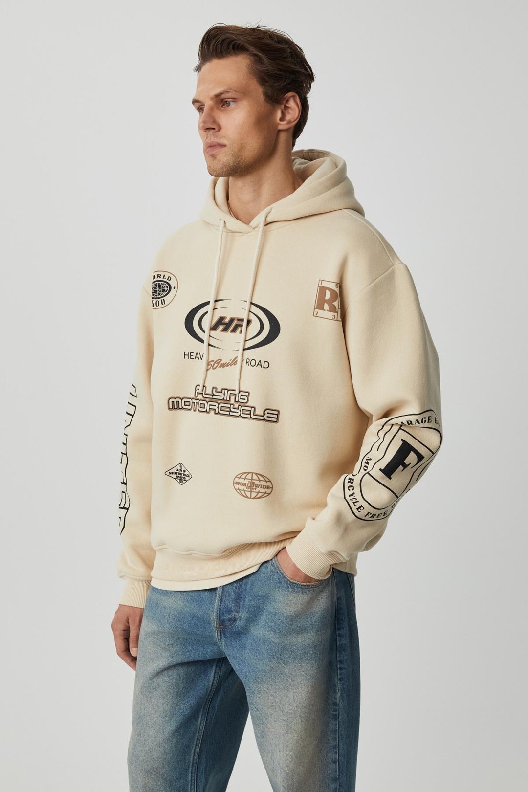 MILES Erkek %75 Pamuk %25 Pamuk Kapüşonlu Yumuşacık Oversize Bej Sweatshirt