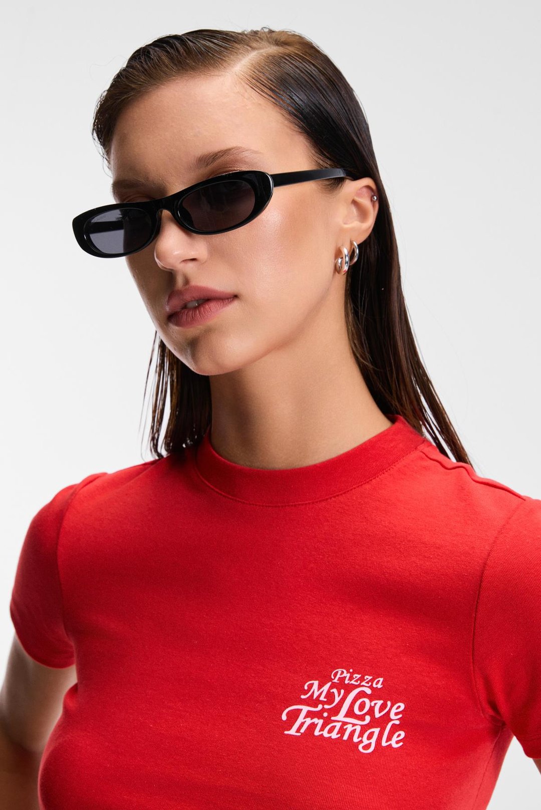 MIREZA Kadın Baskı Detaylı Slim Fit Kısa Kollu Yuvarlak Yaka Kırmızı T-Shirt