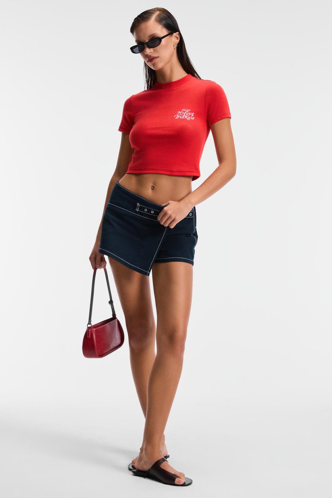 MIREZA Kadın Baskı Detaylı Slim Fit Kısa Kollu Yuvarlak Yaka Kırmızı T-Shirt