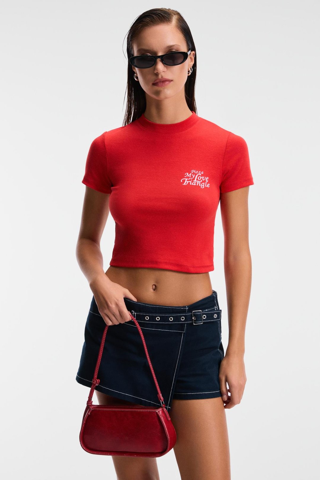 MIREZA Kadın Baskı Detaylı Slim Fit Kısa Kollu Yuvarlak Yaka Kırmızı T-Shirt