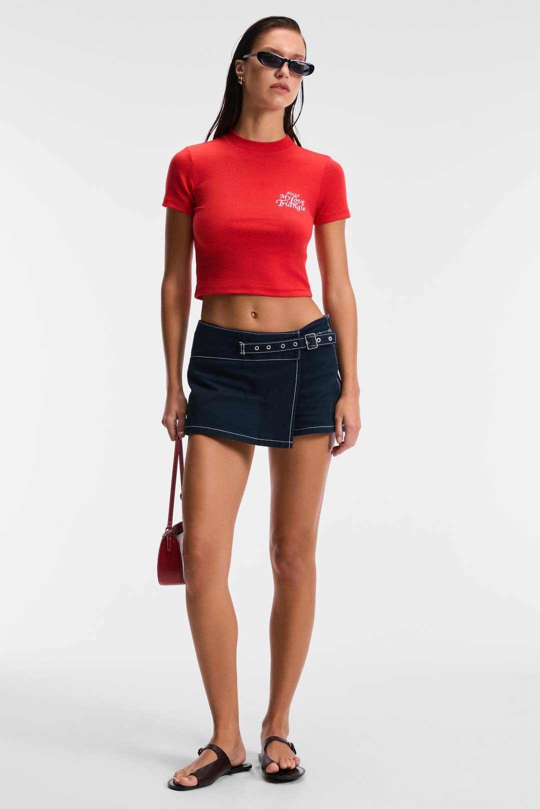 MIREZA Kadın Baskı Detaylı Slim Fit Kısa Kollu Yuvarlak Yaka Kırmızı T-Shirt