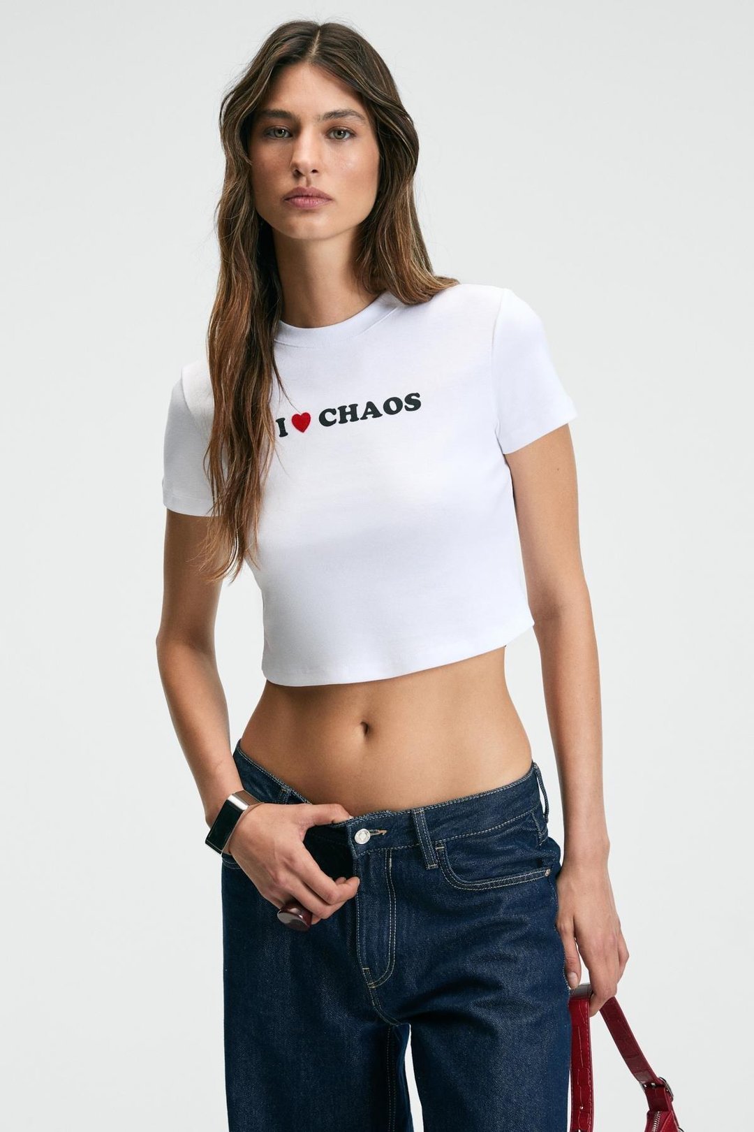 MISTERNA Kadın Bisiklet Yaka Kısa Kollu Önü Baskılı Crop Beyaz T-Shirt