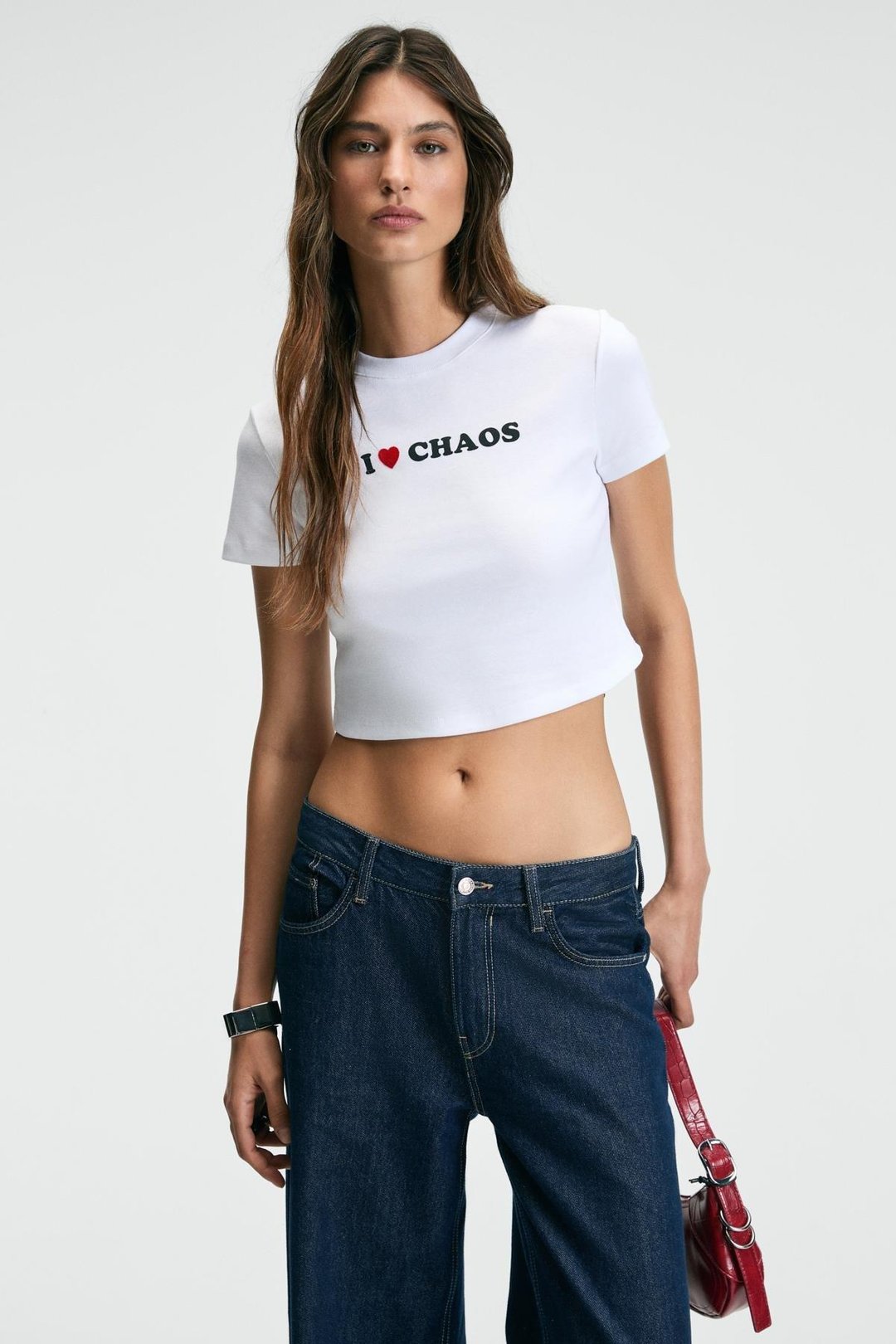 MISTERNA Kadın Bisiklet Yaka Kısa Kollu Önü Baskılı Crop Beyaz T-Shirt