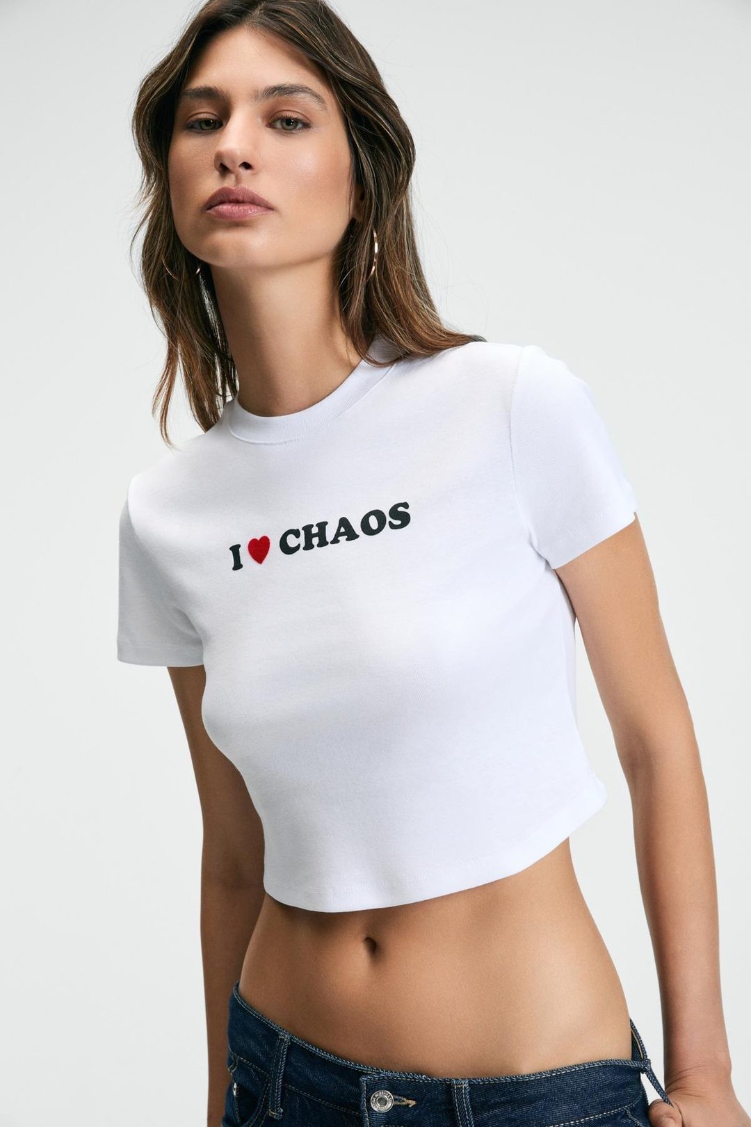 MISTERNA Kadın Bisiklet Yaka Kısa Kollu Önü Baskılı Crop Beyaz T-Shirt