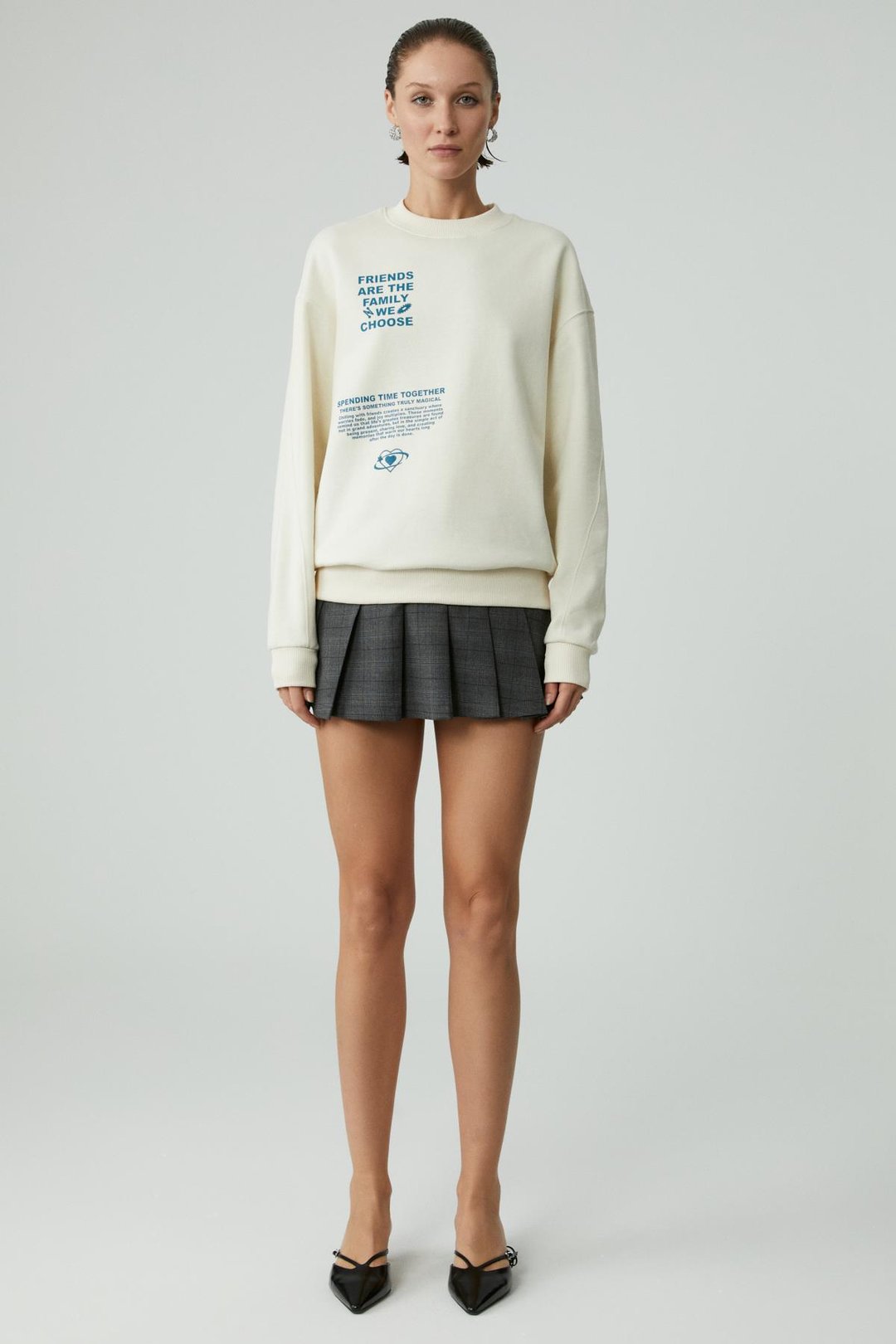 MODELITA Kadın Regular Baskılı Yuvarlak Yaka Ekru Sweatshirt Ekru Sweatshirt