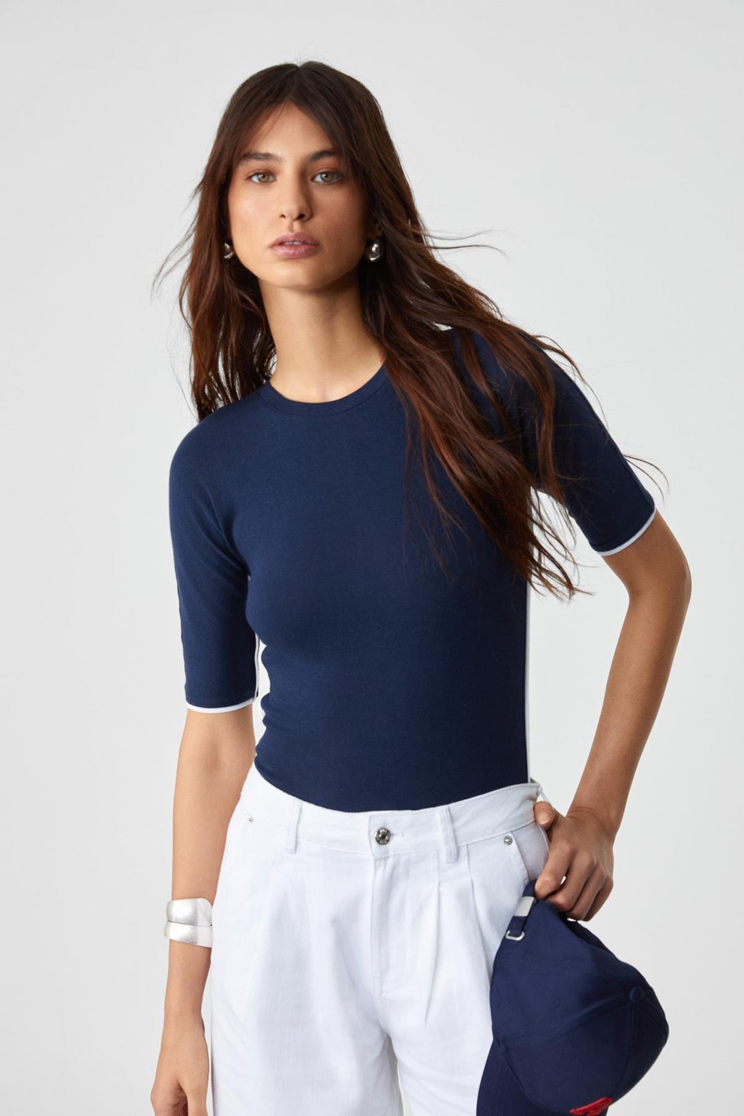 MOGSUS Kadın Slim İnce Bisiklet Yaka Kısa Kol Çıtçıtlı Lacivert Body