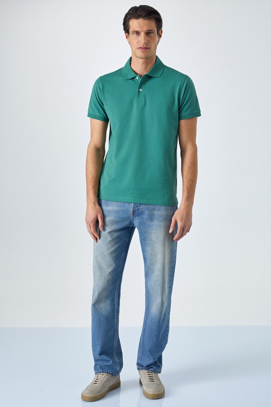 MONAGHAN Erkek Polo Yaka Relaxed Fit Patlı Düğmeli Kısa Kollu Yeşil T-Shirt