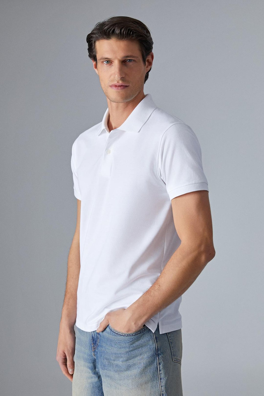 MONAGHAN Erkek Polo Yaka Relaxed Fit Patlı Düğmeli Kısa Kollu Beyaz T-Shirt