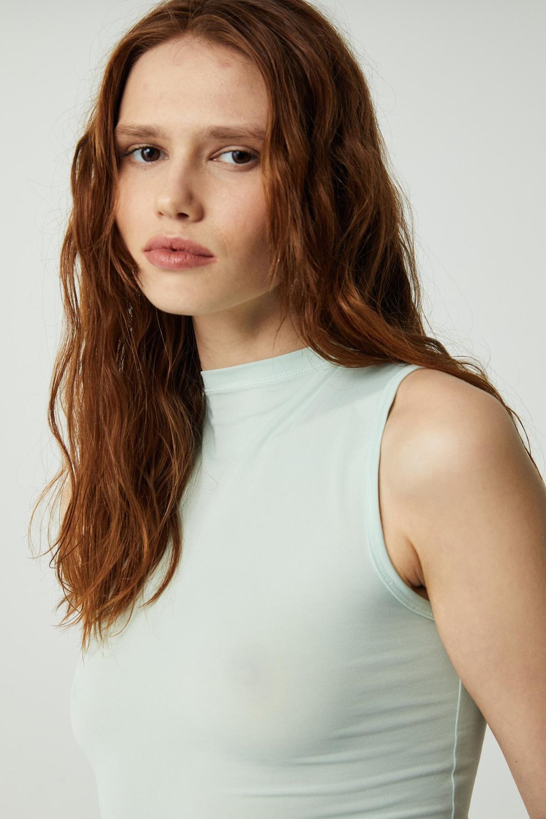 Monday Kadın Esnek Jarse Kumaşlı Vücüdu Saran Hafif Dik yaka Mint Yeşil Bluz