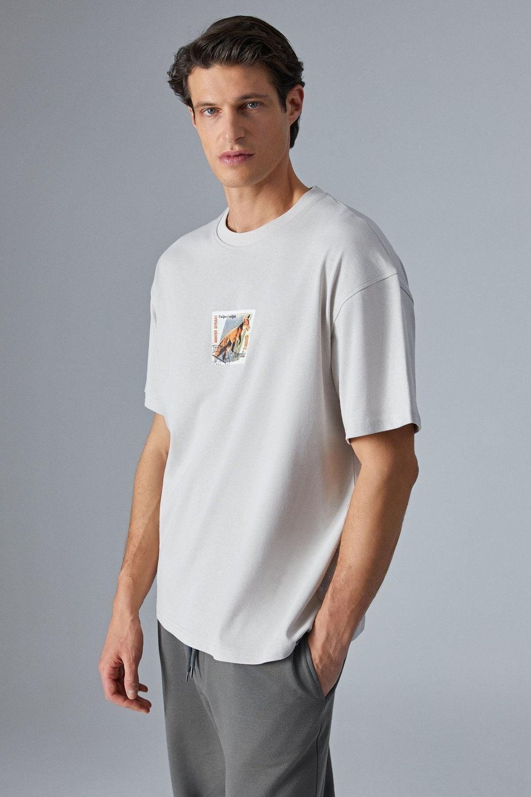 MONGOLIA Erkek Baskı Detaylı %100 Organik Pamuk Bisiklet Yaka Kısa Kol Comfort Bej T-Shirt