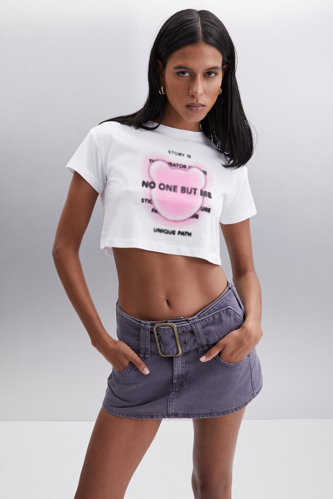 MORAN  Crop Beyaz - Pembe baskılı Tekli T-Shirt