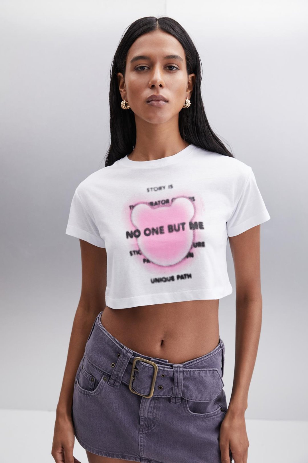 MORAN  Crop Beyaz - Pembe baskılı Tekli T-Shirt