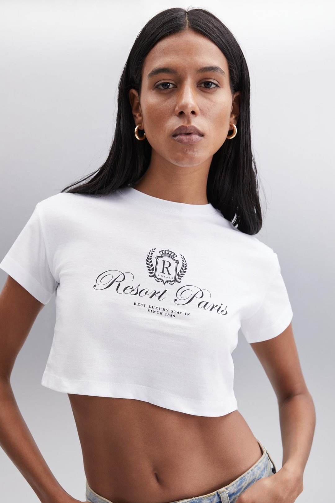 MORAN  Crop Beyaz - Siyah Baskılı Tekli T-Shirt