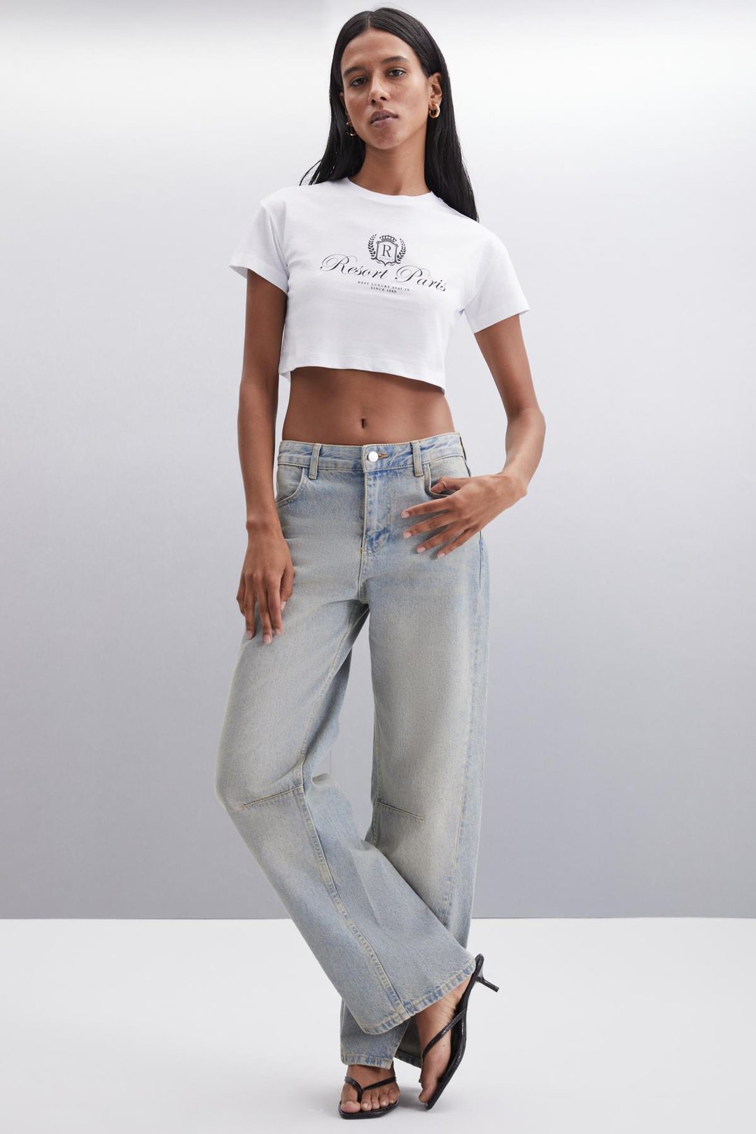 MORAN  Crop Beyaz - Siyah Baskılı Tekli T-Shirt